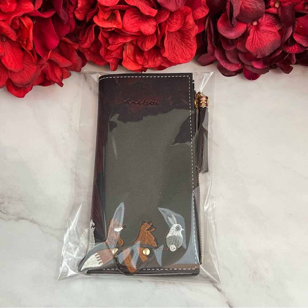 Whimsical Black Vegan Leather Fox Rabbit Raccoon Cat Wallet Clutch - Picture 13 of 14